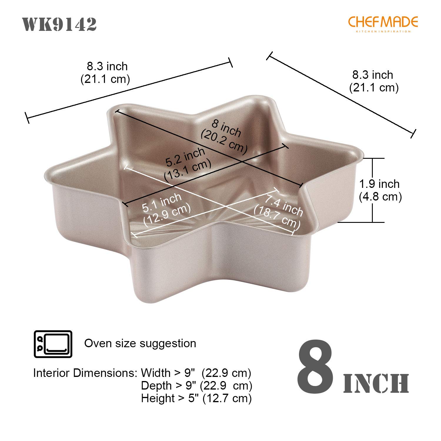 CHEFMADE 8-Inch Star-Shaped Non-Stick Cake Pan - Diamond Surface Baking Pan for Cakes, Bread & Meat - Oven & Instant Pot Safe - Champagne Gold - Perfect for Birthday Parties, Christmas Baking & Special Occasions