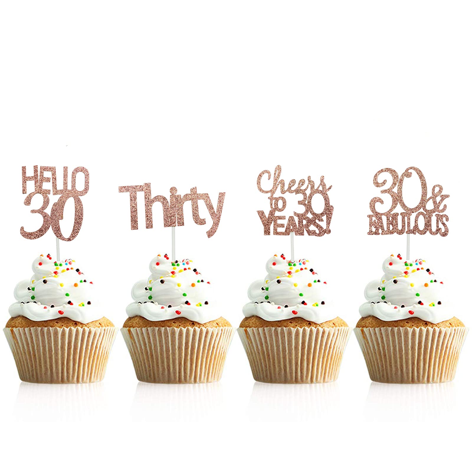 24-Pack Rose Gold 30th Birthday Cupcake Toppers Set - Hello 30, Cheers to 30 Years, Thirty & Fabulous Decorations for 30th Birthday Party, Anniversary, Milestone Celebration (Perfect for Cakes, Cupcakes, Desserts)