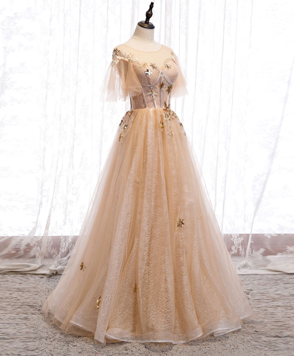 Elegant Champagne Round Neck Tulle Lace Long Prom Dress for Formal Evening Gowns - Perfect for Homecoming, Quinceañera, Wedding Guest & Special Occasions
