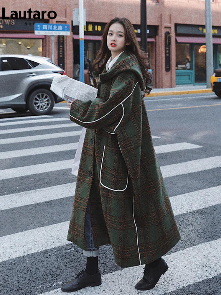 Women's Oversized Long Wool Blend Trench Coat with Hood - Warm Plaid Patchwork Design for Autumn Winter | Korean Fashion Runway Style | Perfect for Casual Outings, Office Wear & Cold Weather