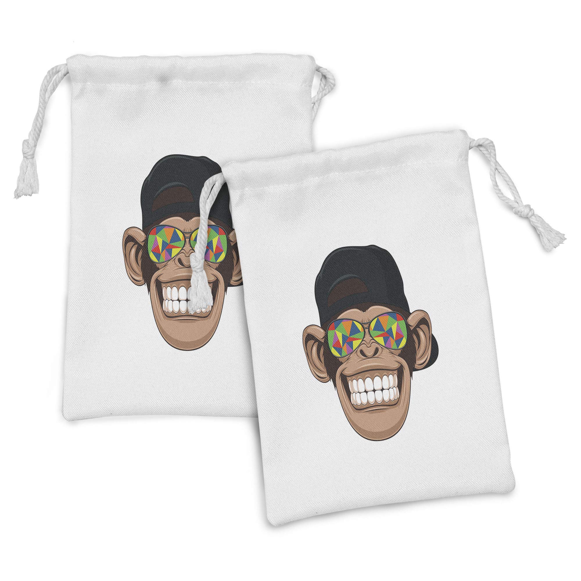 Ambesonne Monkey Fabric Pouch Set of 2 - Funny Chimpanzee Portrait with Colorful Geometric Glasses - Small Drawstring Bag for Toiletries, Masks & Favors (9