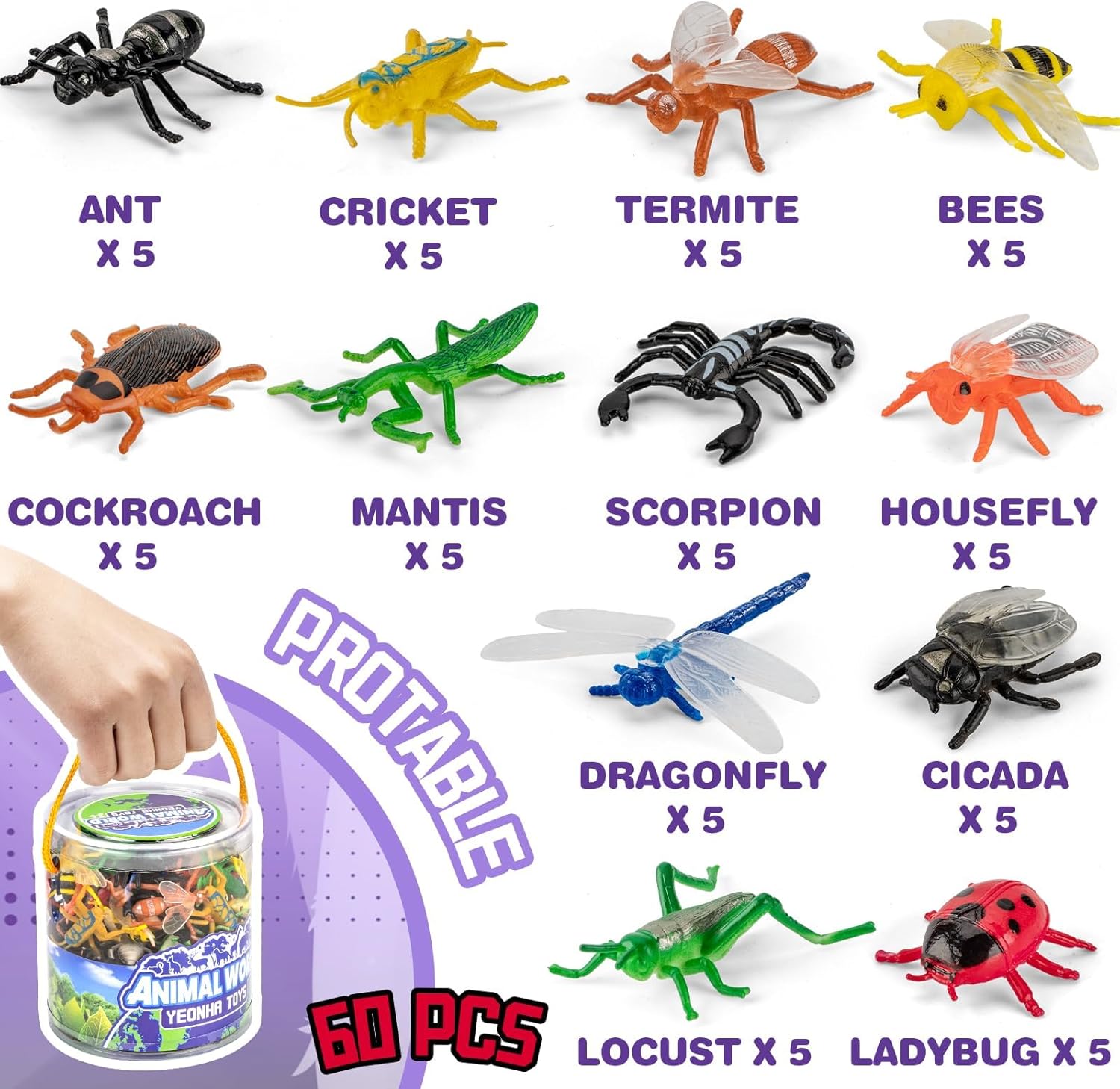 60 Piece Mini Plastic Insect Toy Set with Gift Box - Realistic Bug Figures for Kids, Bug Theme Party Decorations, School Science Projects & Sensory Bins - Perfect for Classroom Rewards, Halloween Goody Bags & Cupcake Toppers (Great for Educational Play & Party Favors)