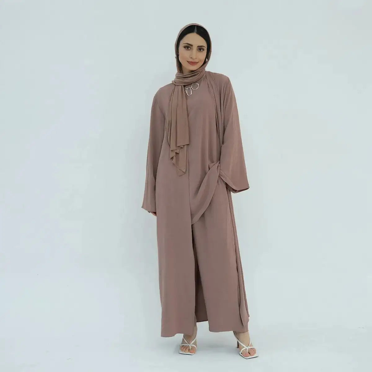 3-Piece Sleeveless Top & Pant Suit with Open Abaya Dress for Muslim Women - Modest Islamic Fashion for Prayer, Eid, Wedding & Special Occasions