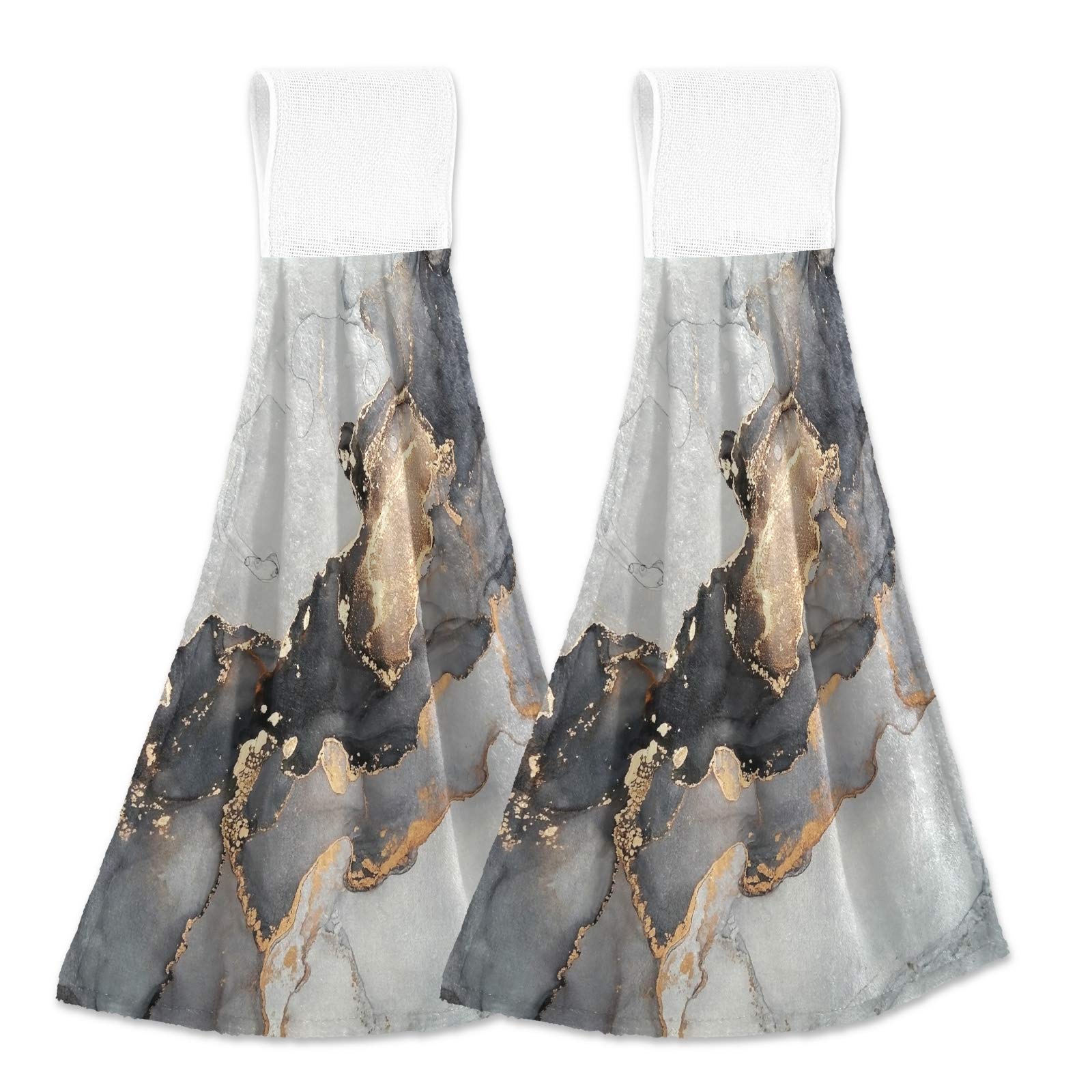 Premium Selerdon Kitchen Hand Towels - 2 Pack Fast Drying, Absorbent & Soft - Gold, White & Black Marble Design - Perfect for Home Kitchen, Bathroom Decor & Gift Giving