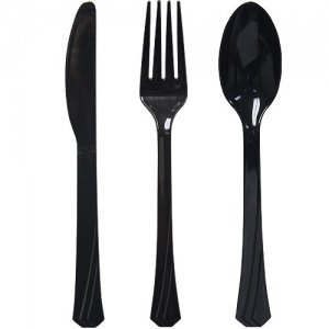 Tiger Chef 72-Pack Heavy Duty Plastic Cutlery Set - 24 Forks, 24 Teaspoons, 24 Knives in Black, White & Gold | Durable Colored Plastic Silverware for Parties, Picnics, Catering & Outdoor Events