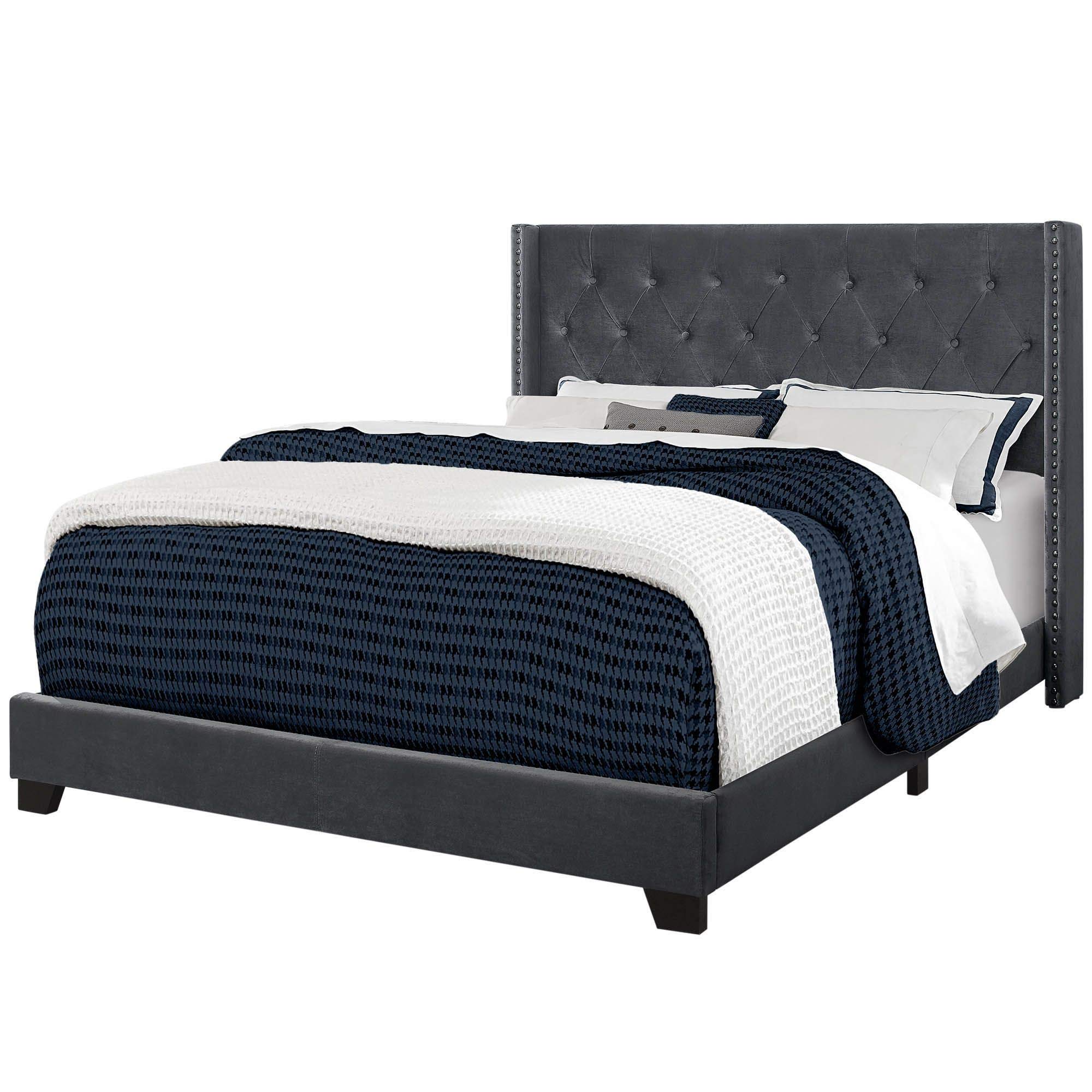 Offex Contemporary Queen Size Bed Frame - Dark Grey Velvet Upholstered Headboard with Chrome Metal Legs for Modern Bedroom Decor | Perfect for Master Bedrooms, Guest Rooms & Apartments