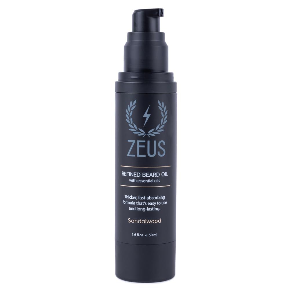 ZEUS Refined Beard Oil for Men - Leave-In Conditioner for Softer Beard & Mustache - Natural Sandalwood Scent - Made in USA - 1.6 oz - Perfect for Daily Grooming & Styling