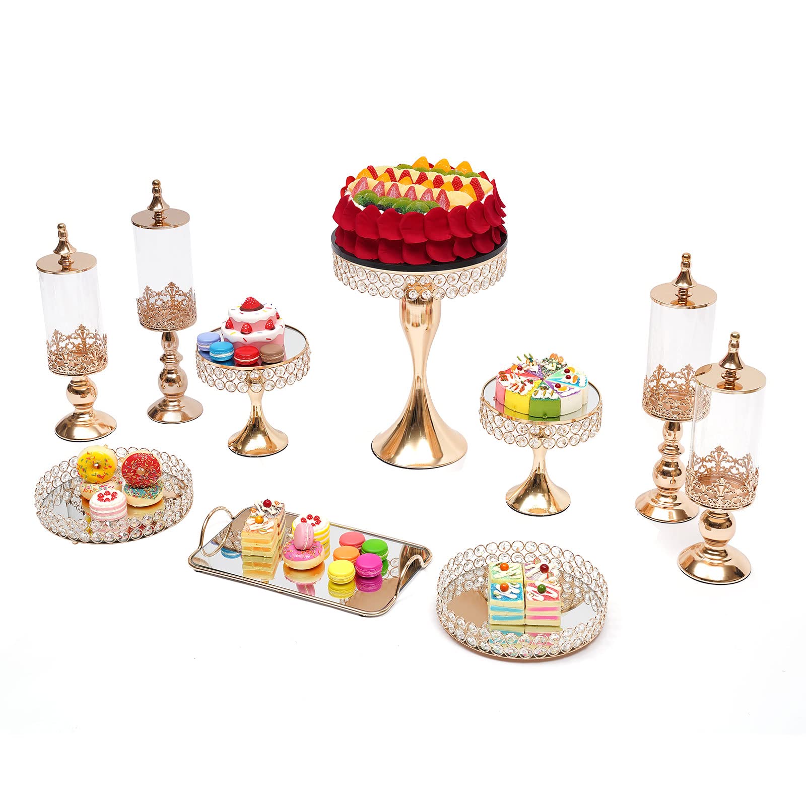 10-Pack Gold Metal Cake Stands & Cupcake Holders - Crystal Dessert Display Serving Platters for Birthday, Wedding, Party Decoration - Perfect for Buffet Tables, Dessert Bars & Special Events