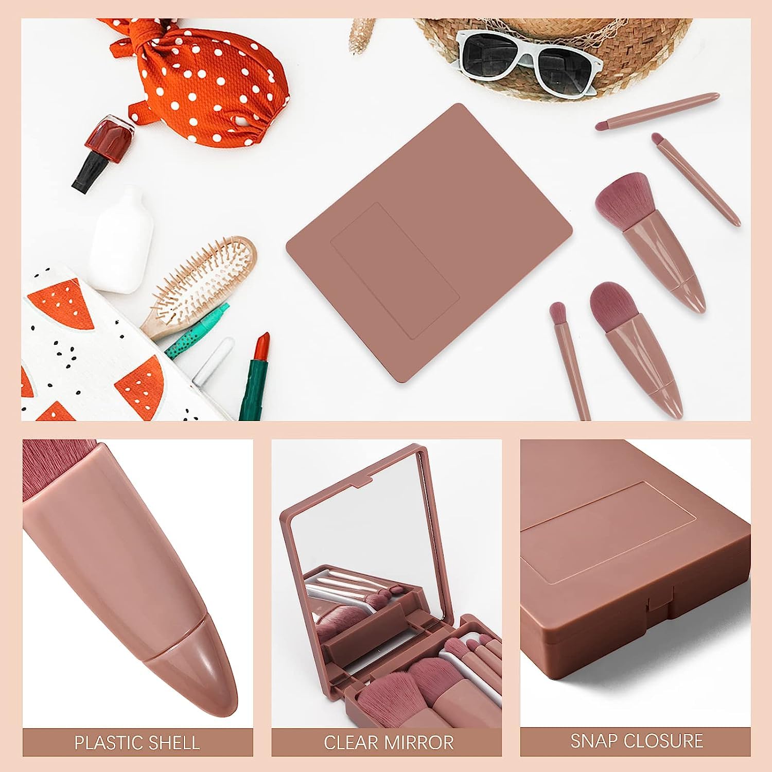 Bhavyam Travel Makeup Brush Set with Mirror for Women & Girls - Portable Cosmetic Brush Kit with Small Plastic Mirror (Shape 2) - Perfect for On-the-Go Makeup & Travel Essentials