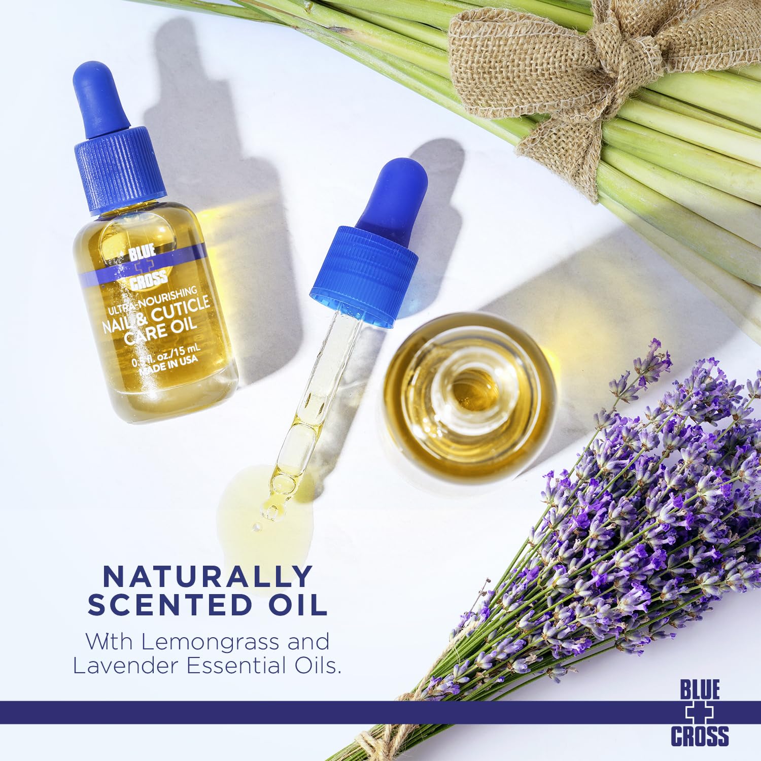 Blue Cross Professional Nail & Cuticle Oil - All Natural, Mineral Oil Free, Ultra-Nourishing Hydrating Moisturizer with Lemongrass & Lavender Essential Oils - Made in USA (0.5 fl oz/15mL) - Perfect for Salon, Home Manicures & Dry Cracked Nail Care