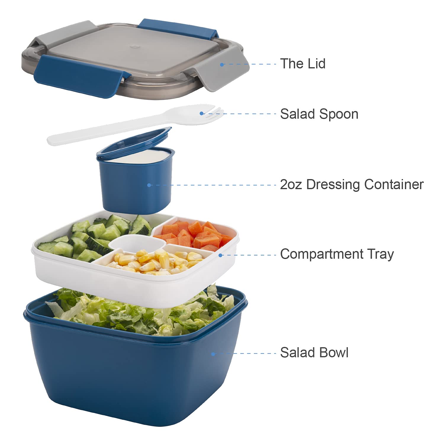Freshmage 52 oz 3-Compartment Salad Lunch Containers with Dressing Cup - BPA-Free, Leak-Proof Meal Prep Bowls for Office, School & Picnics (Blue Set) - Perfect for Healthy Eating On The Go