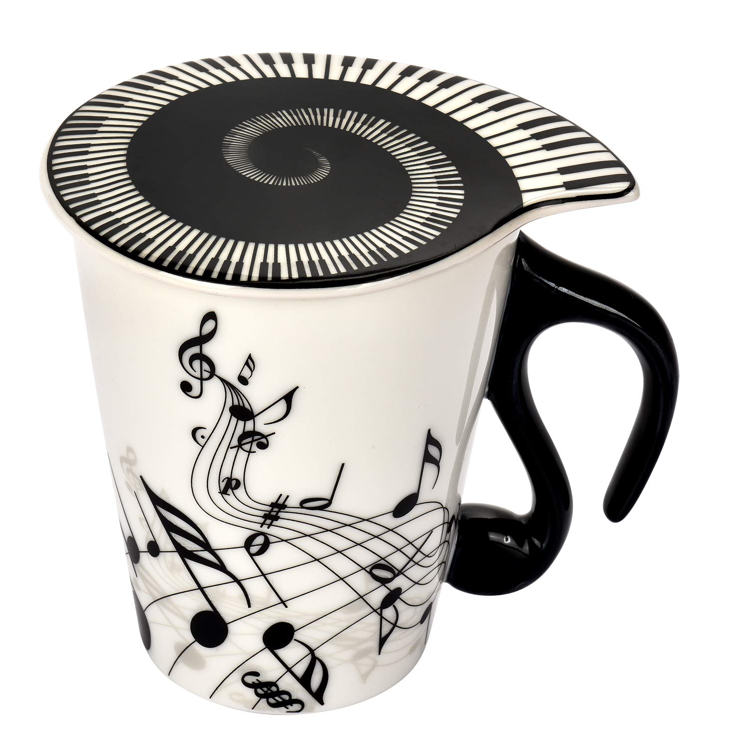 12.9 oz Musical Notes Ceramic Coffee Mug with Unique Handle & Themed Lid - Perfect Gift for Music Lovers (Women/Men/Friends) - Ideal for Tea, Coffee, Milk at Home, Office or Concert Events