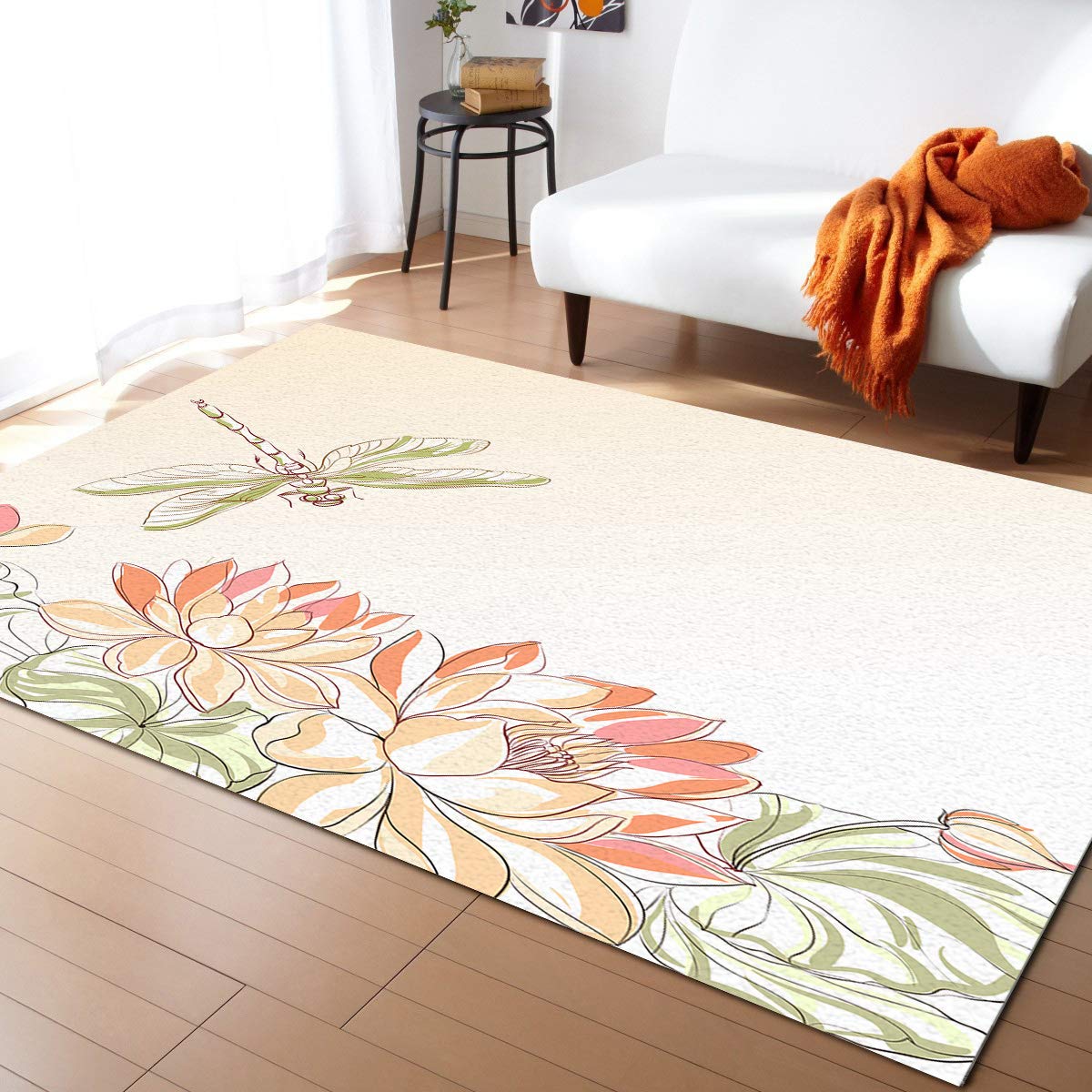 Dragonfly Large Area Rugs 2' x 3' - Soft Nursery Carpet for Kids, Lotus Flower Field with Dragonfly Oriental Design - Non-Slip Modern Floor Mat for Living Room, Bedroom, Kitchen - Perfect for Nursery Decor, Playroom & Home Interior