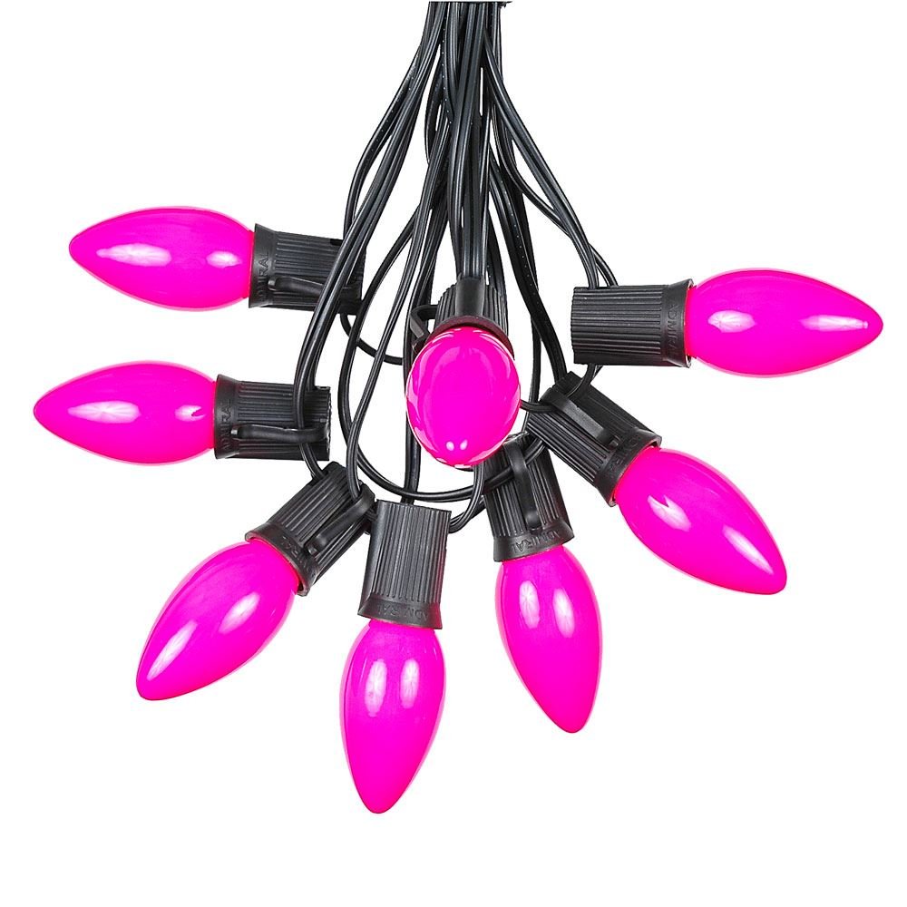 100 Foot C9 Pink Ceramic Christmas String Lights with Opaque Bulbs - Outdoor Holiday Roofline Lighting for House, Garden, and Patio Decorations - Weatherproof Black Wire Lights for Christmas, Parties, and Special Events