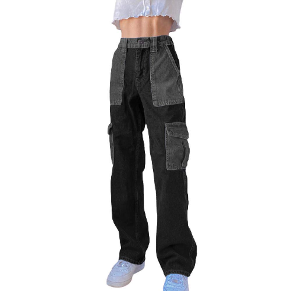 Madger Women's High Waist Jeans - Color Block Patchwork Y2K Denim Pants, Straight Wide Leg Trousers with Big Pockets | Trendy Streetwear & Casual Outfit for Women