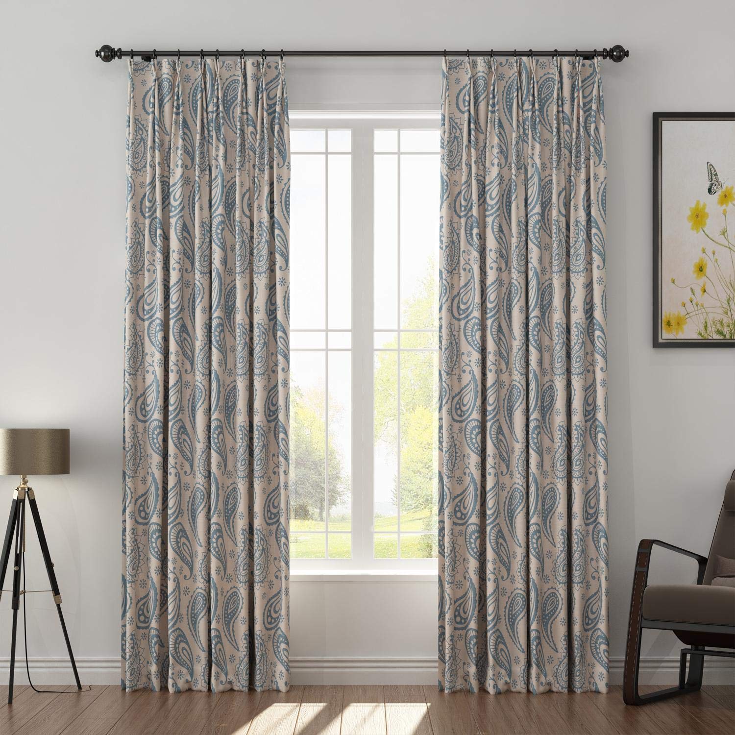 Drapifytex Paisley Light Reducing Linen Curtains - 102 Inch Length Pinch Pleat Window Drapes for Bedroom & Living Room (Blue, 1 Panel) - Perfect for Blackout & Home Decor