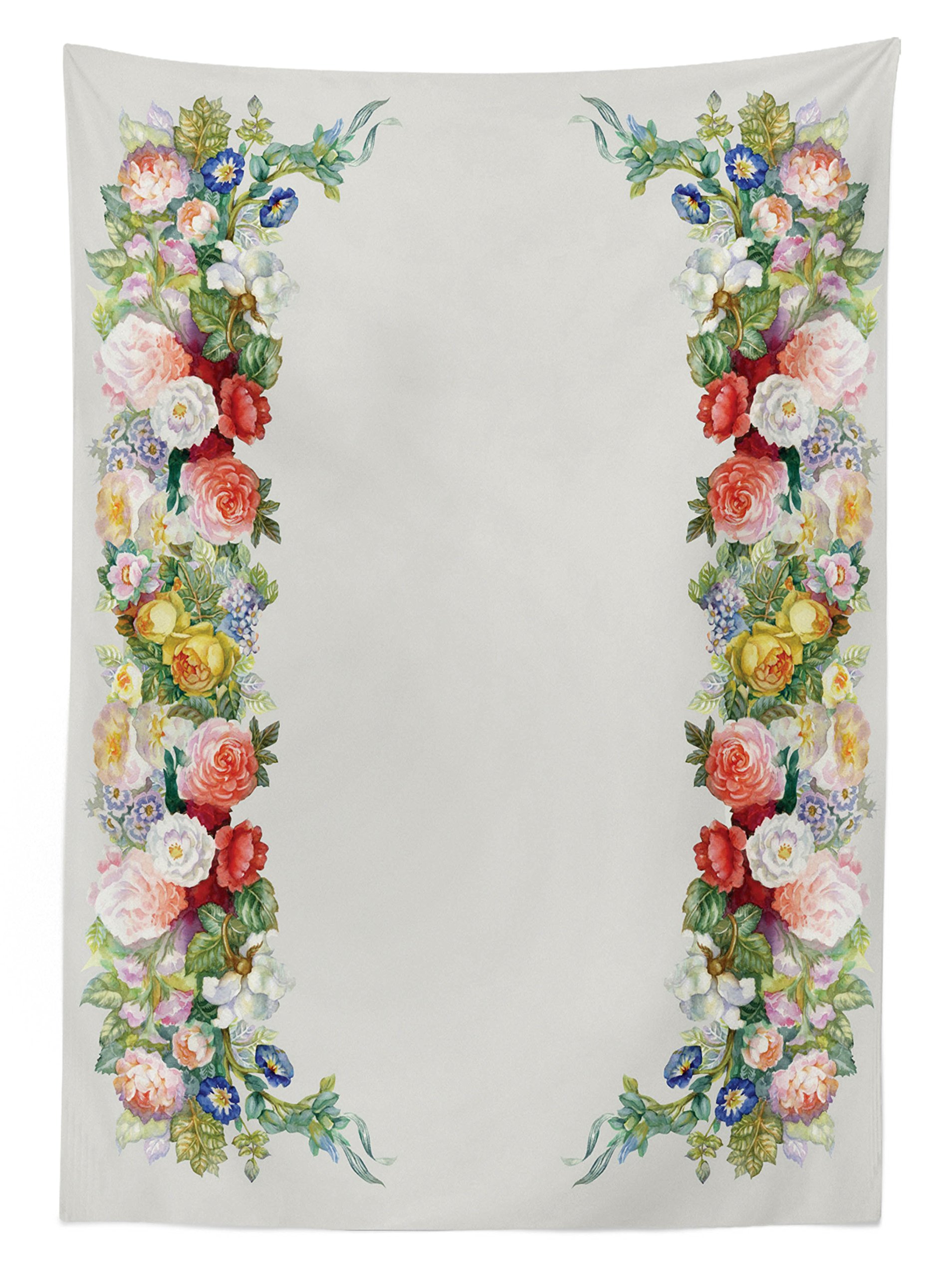 Ambesonne Victorian Outdoor Tablecloth - Rose Garland Pastel Tones with Jasmine & Cornflower Bouquet, Classic Bloom Design, Washable Picnic Table Cover 58x120 Inches, Red Yellow Green - Perfect for Garden Parties, Tea Time, and Outdoor Dining Events