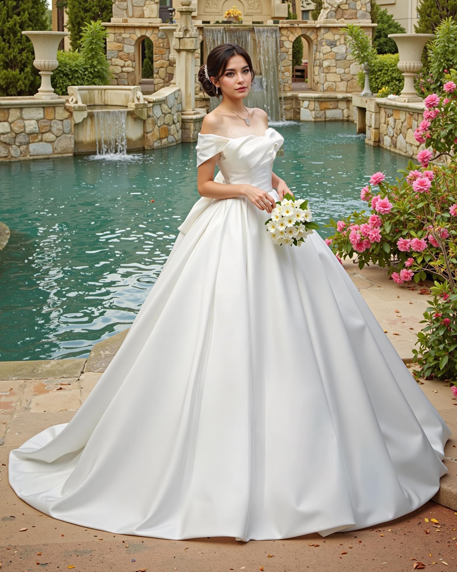 JAEDEN 2025 Satin Off-Shoulder Wedding Dress for Bride - Elegant Ball Gown Bridal Gown for Church Ceremony, Reception & Photoshoot