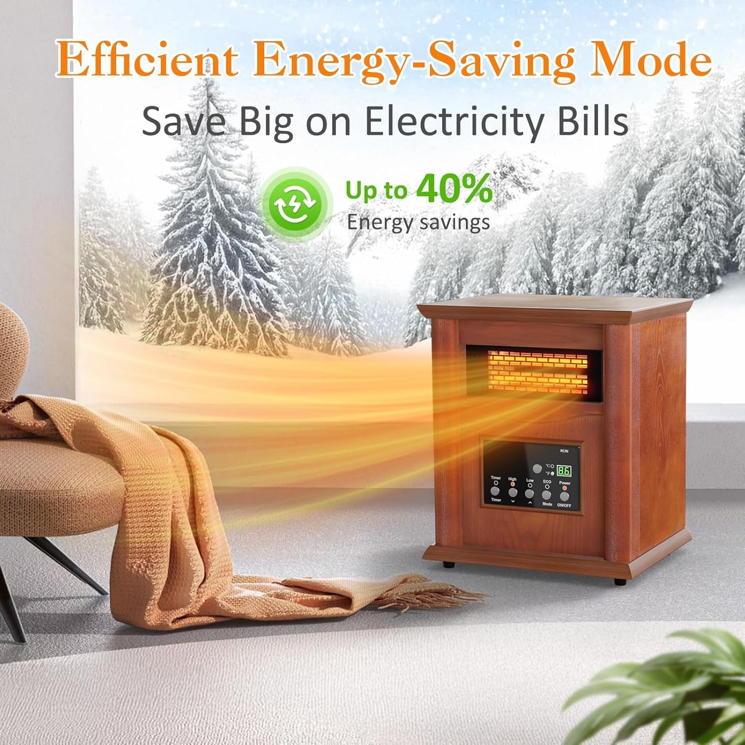 1500W Electric Infrared Space Heater with Remote Control - Quartz Indoor Heater for Large Rooms & Basements | 3 Heat Settings, 12H Timer, Tip-Over & Overheat Protection | Perfect for Home, Office & Winter Heating (Light)
