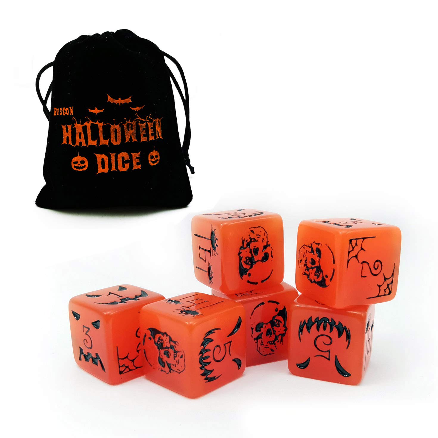 Bescon Glow in the Dark Halloween Dice Set - 6 Orange Luminous D6 Dice with Velvet Pouch for Tabletop RPG, Dungeons & Dragons, Board Games & Halloween Party Decorations