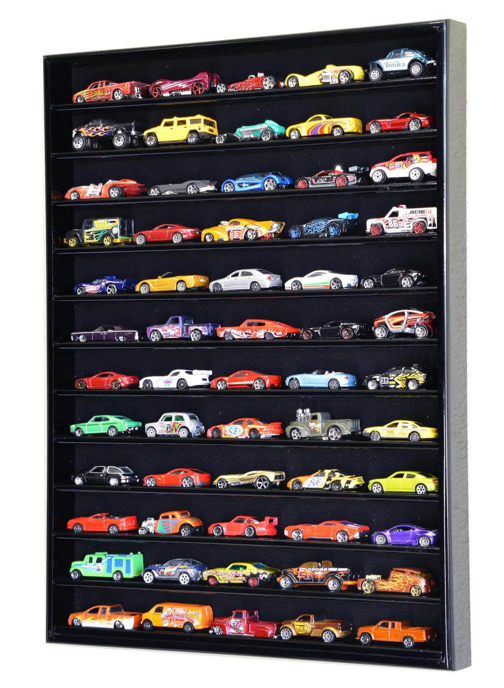60-Piece Hot Wheels & Matchbox 1/64 Scale Diecast Car Display Case - Black Wood Finish for Collectors | Perfect for Showcasing Toy Cars in Bedroom, Office or Game Room