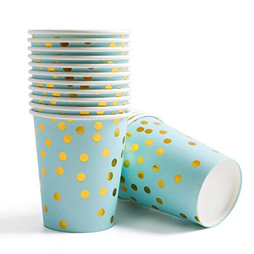 HiPPITY HOP Blue & Gold Foil Polka Dot Disposable Paper Cups - Pack of 10 | Elegant Party Cups for Birthday, Wedding & Baby Shower Celebrations | Premium Disposable Drinkware for Events & Gatherings