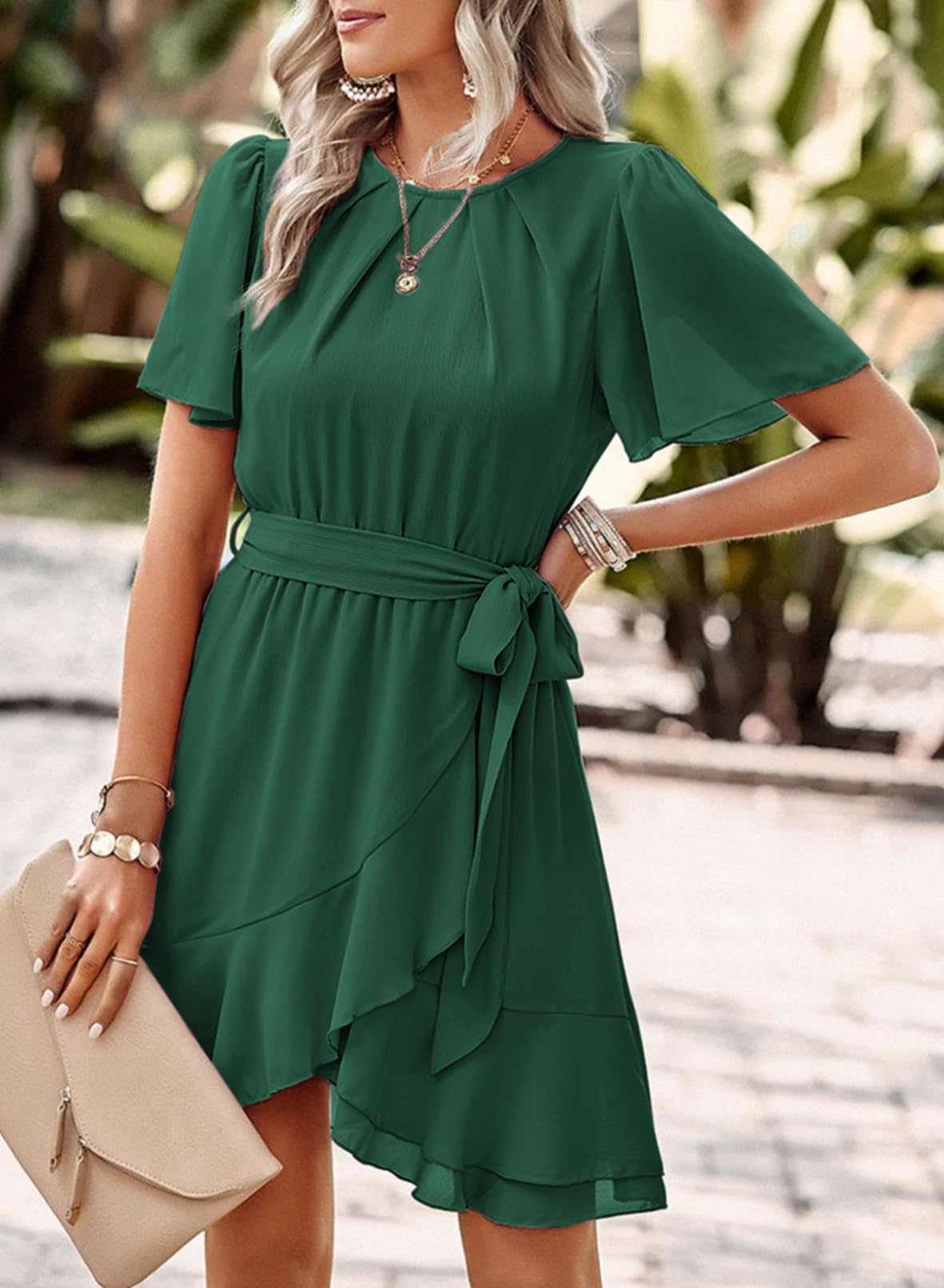 Dokotoo Women's Summer Dress 2025 - Crewneck Short Sleeve Chiffon A-Line Mini Dress with Waist Tie & Ruffle Detail | Perfect for Beach Vacations, Date Nights & Casual Outings