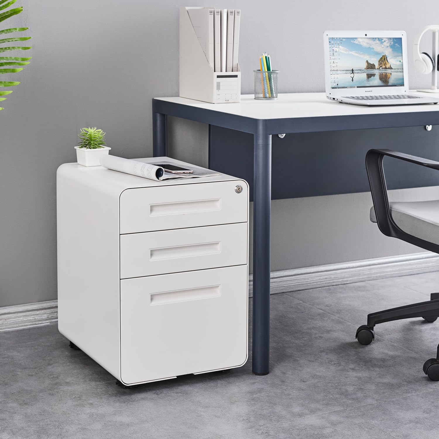 MIIIKO 3-Drawer Mobile File Cabinet with Lock, White Small Under Desk Storage for Home Office - Rolling Wheels, Holds A4/Letter/Legal Hanging Folders - Perfect for Document Organization in Small Spaces