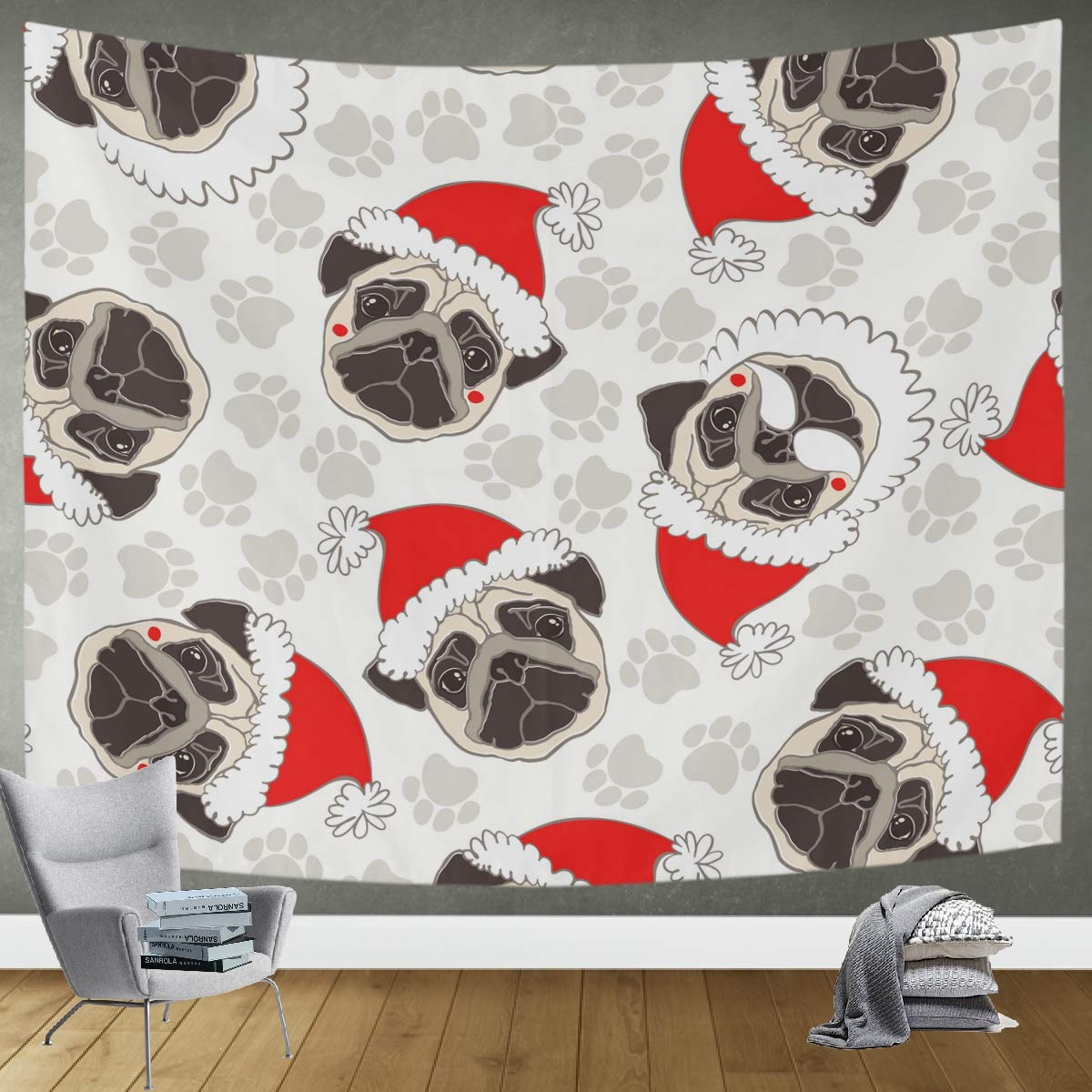DOMIKING Dog Santa's Hat Wall Hanging Tapestry - 90x60in Bohemian Christmas Decor for Bedroom, Living Room & Office | Holiday Home Decor, Psychedelic Wall Art Blanket for Festive Season & Winter Parties