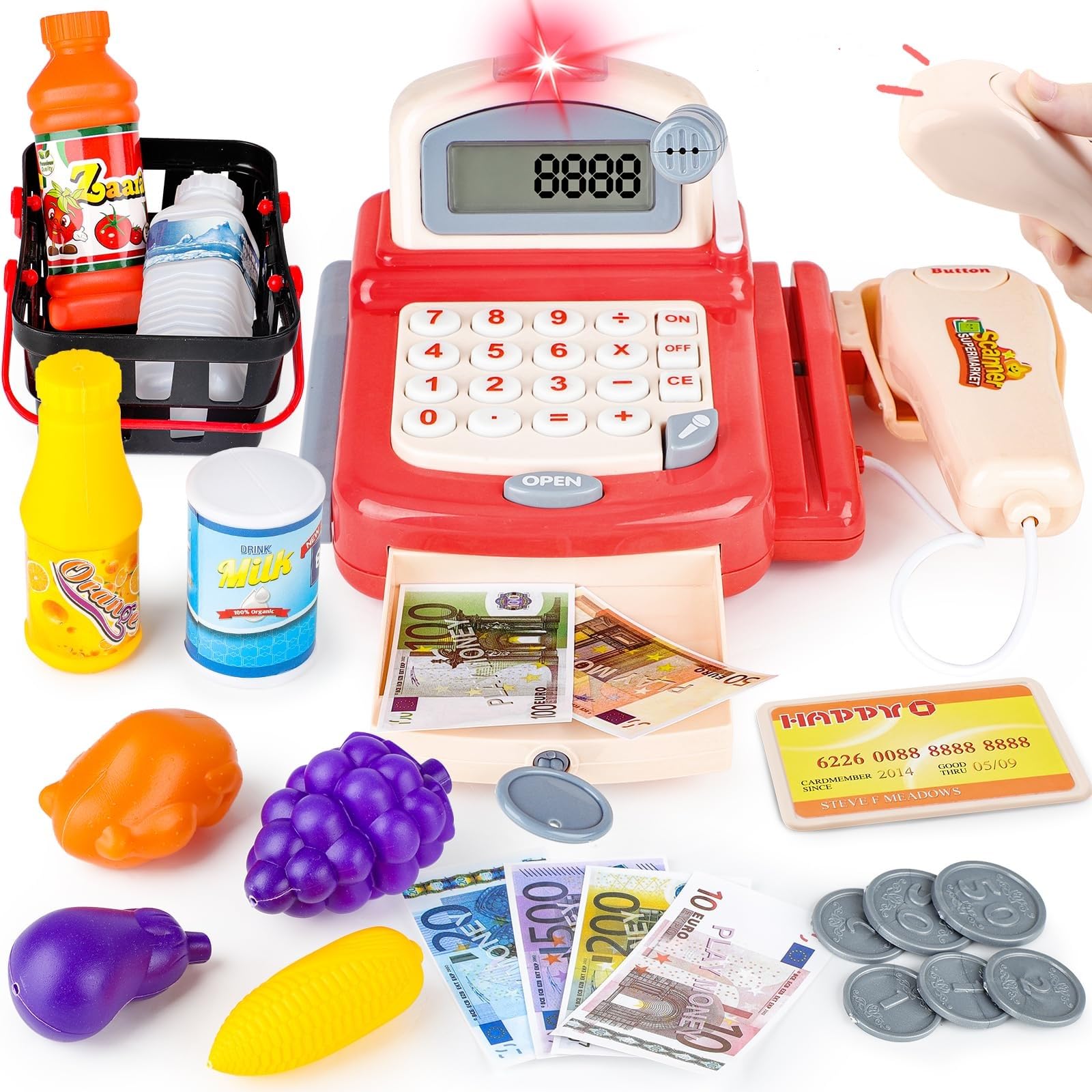 deAO Kids Pretend Play Cash Register Toy Set with Scanner, Play Money & Credit Card - 24 PCS Play Store Money Bank Accessories - Educational Math Learning Toy for Boys & Girls - Perfect for Birthday & Christmas Gifts | Great for Role Play, Store Simulation & Early Math Skills Development