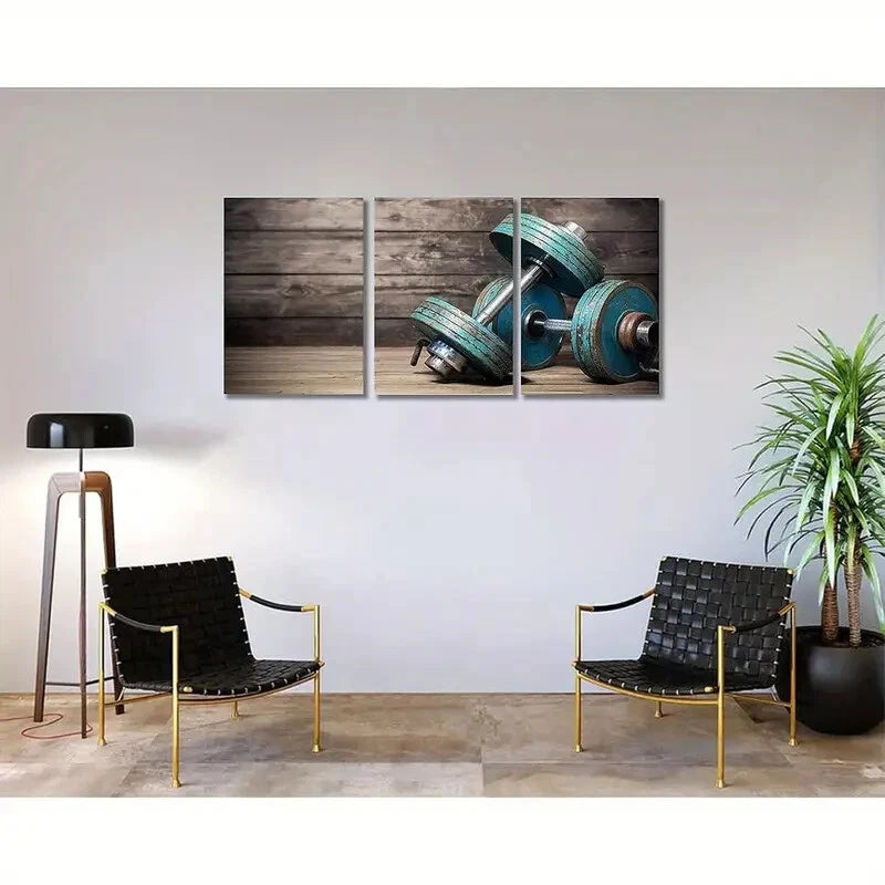 3-Piece Modular Dumbbell Set with Metal Print - Adjustable Home Gym Equipment for Strength Training & Wall Art Decor for Fitness Enthusiasts
