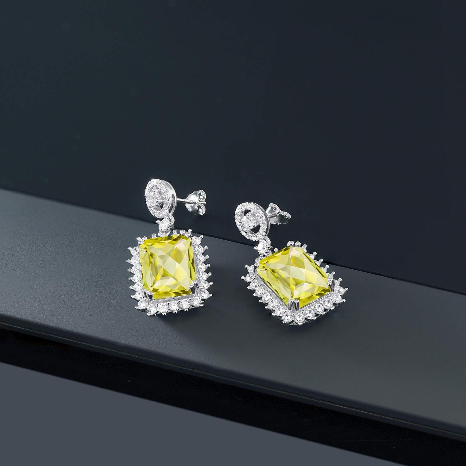 Gem Stone King 925 Sterling Silver Yellow Lemon Quartz Dangle Earrings for Women - 14.30 Cttw, Emerald Cut Checkerboard 14X10MM, June Birthstone Jewelry | Perfect for Birthday Gifts, Anniversary, Party & Everyday Wear