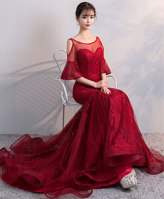 Elegant Burgundy Round Neck Tulle Lace Mermaid Long Prom Dress for Women - Perfect for Evening Gala, Wedding Party & Formal Events
