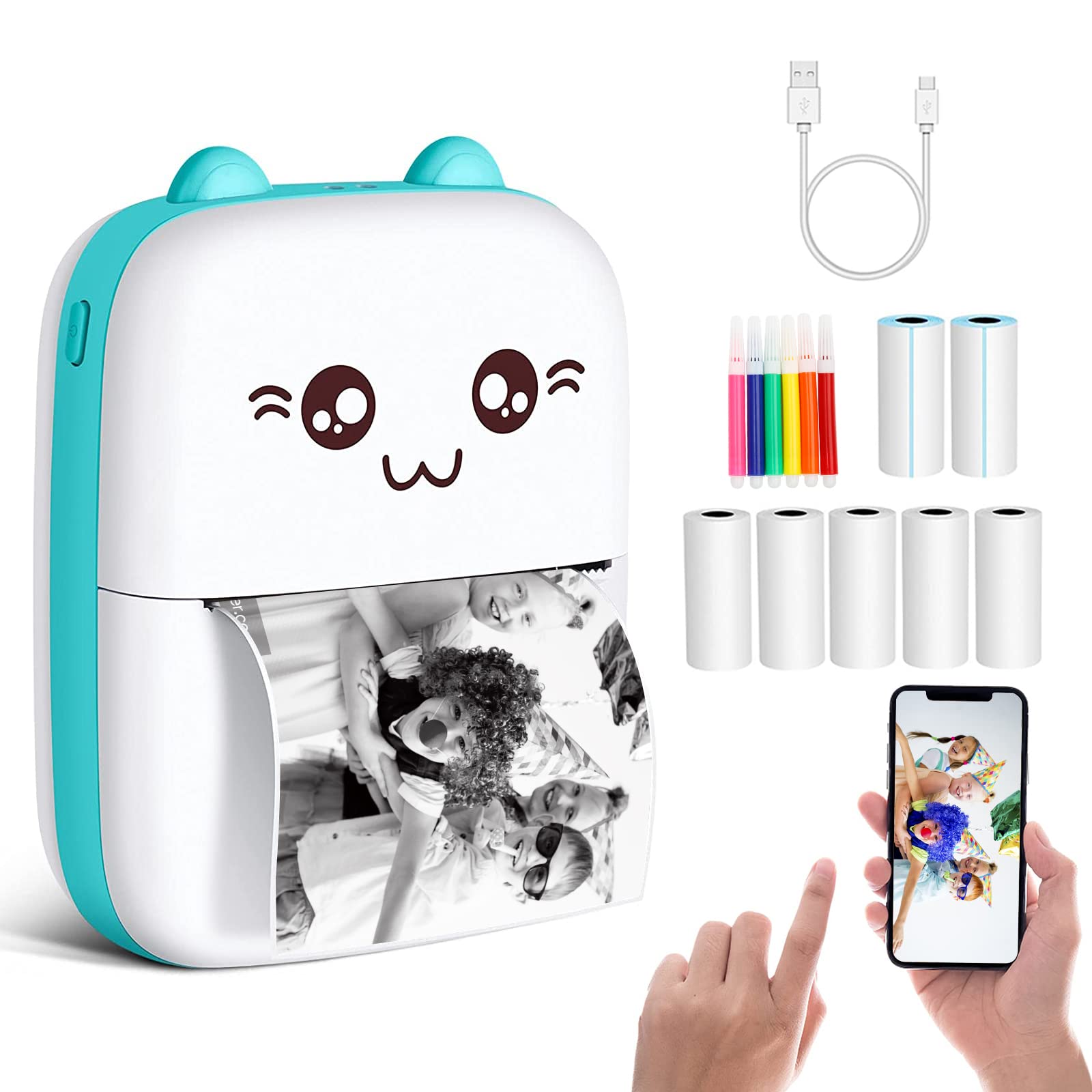 Mini Thermal Printer - Portable Inkless Printer for iOS & Android with 7 Paper Rolls | Print Photos, Receipts, QR Codes, Labels & Notes | Perfect for Office, Travel & Home Use