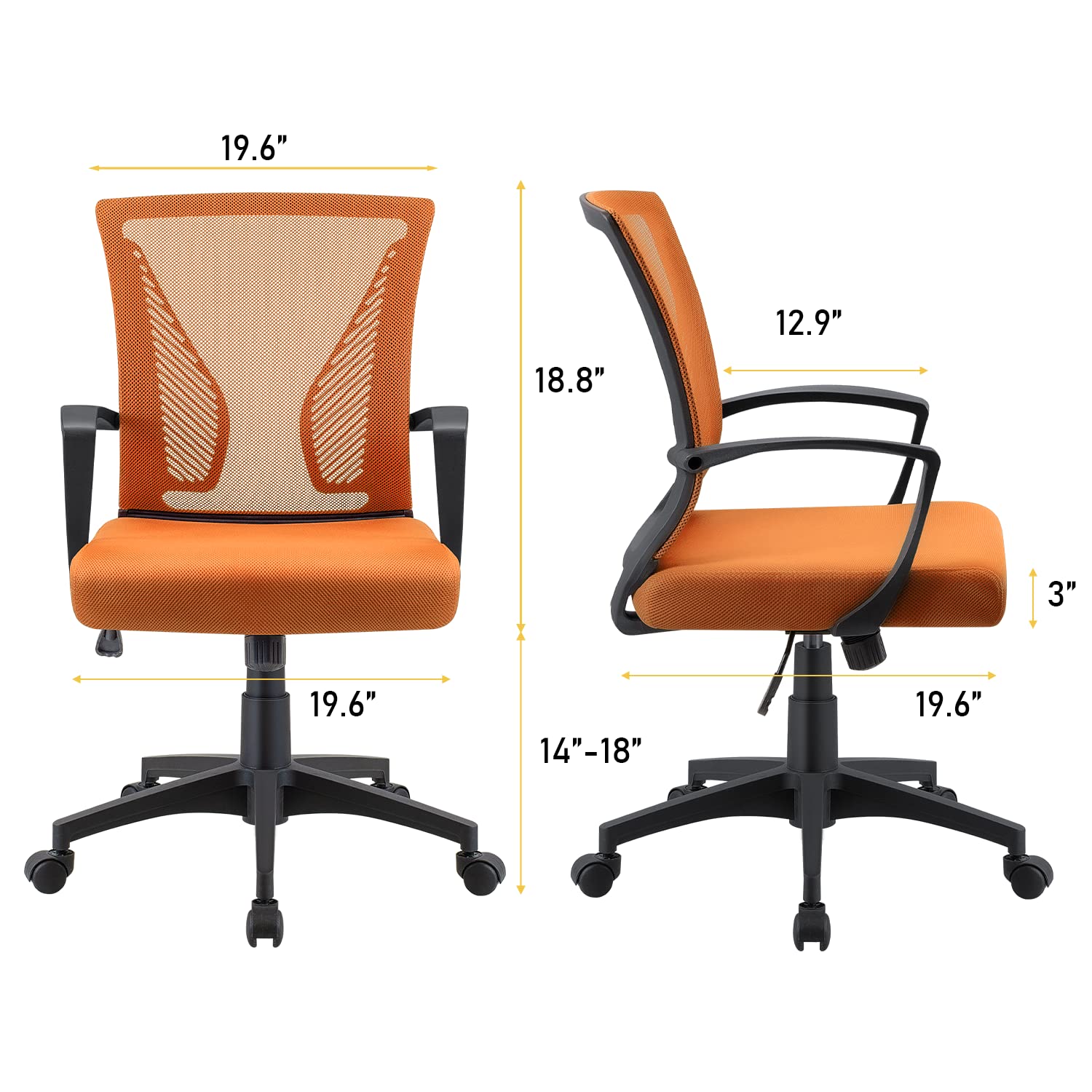 Ergonomic Mesh Office Chair with Lumbar Support - Mid Back Swivel Rolling Computer Desk Chair for Home & Office, Adjustable Armrests (Orange) - Perfect for Long Work Hours, Gaming & Study Sessions