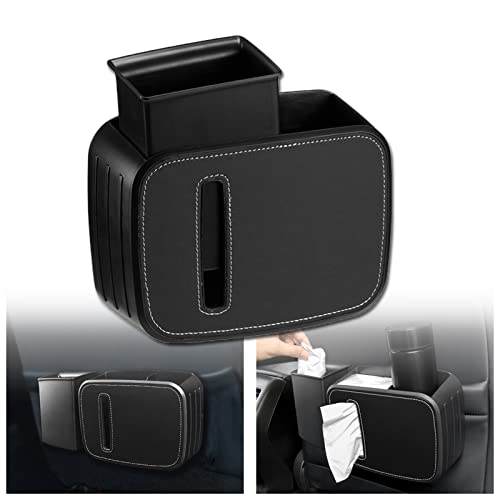 Multifunctional Car Organizer Box with Detachable Trash Can & Tissue Holder - Car Seat Storage Organizer with Cup Holders (Black) - Perfect for Road Trips, Family Travel & Daily Commute