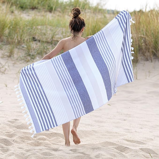 Meera Stripe Fouta 2-Piece Beach Towel Set with Tassels | Soft & Absorbent Turkish Towels for Pool, Beach & Spa | Quick-Dry Bath Towels for Vacation & Yoga