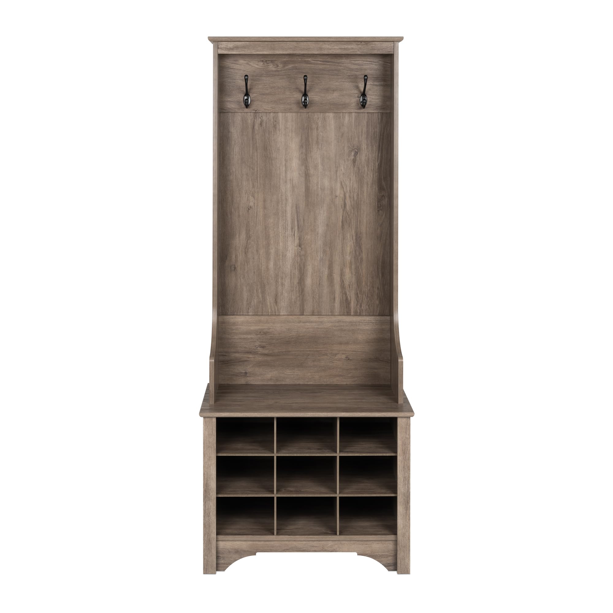 Prepac Gray Hall Tree Entryway Organizer - 9 Shoe Storage Cabinet with 3 Double Coat Hooks, 15.5