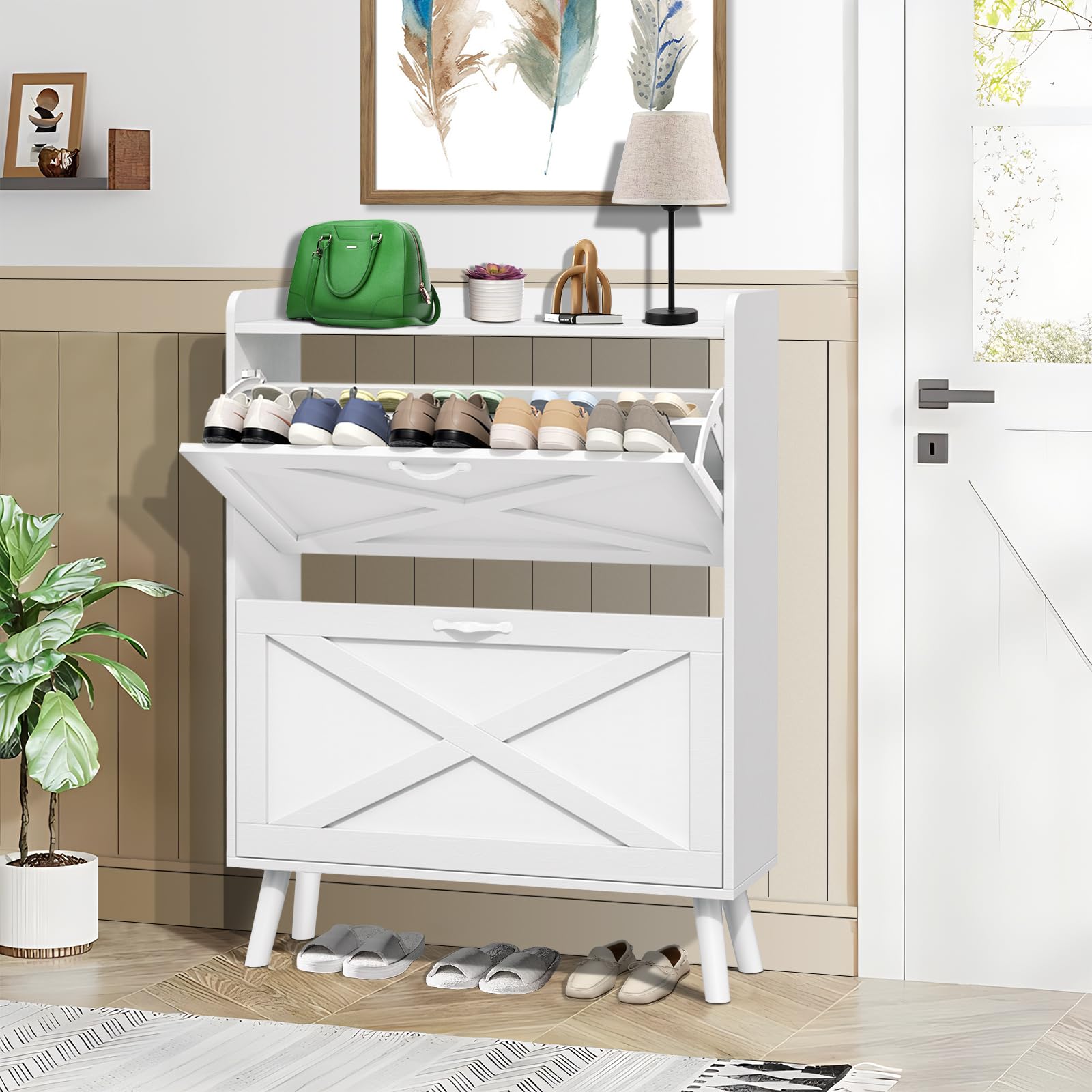 SOLAURA Freestanding Shoe Storage Cabinet with 2 Flip Drawers - Hidden Entryway Shoe Organizer with Wooden Legs, White Large - Perfect for Closet, Bedroom & Mudroom Organization