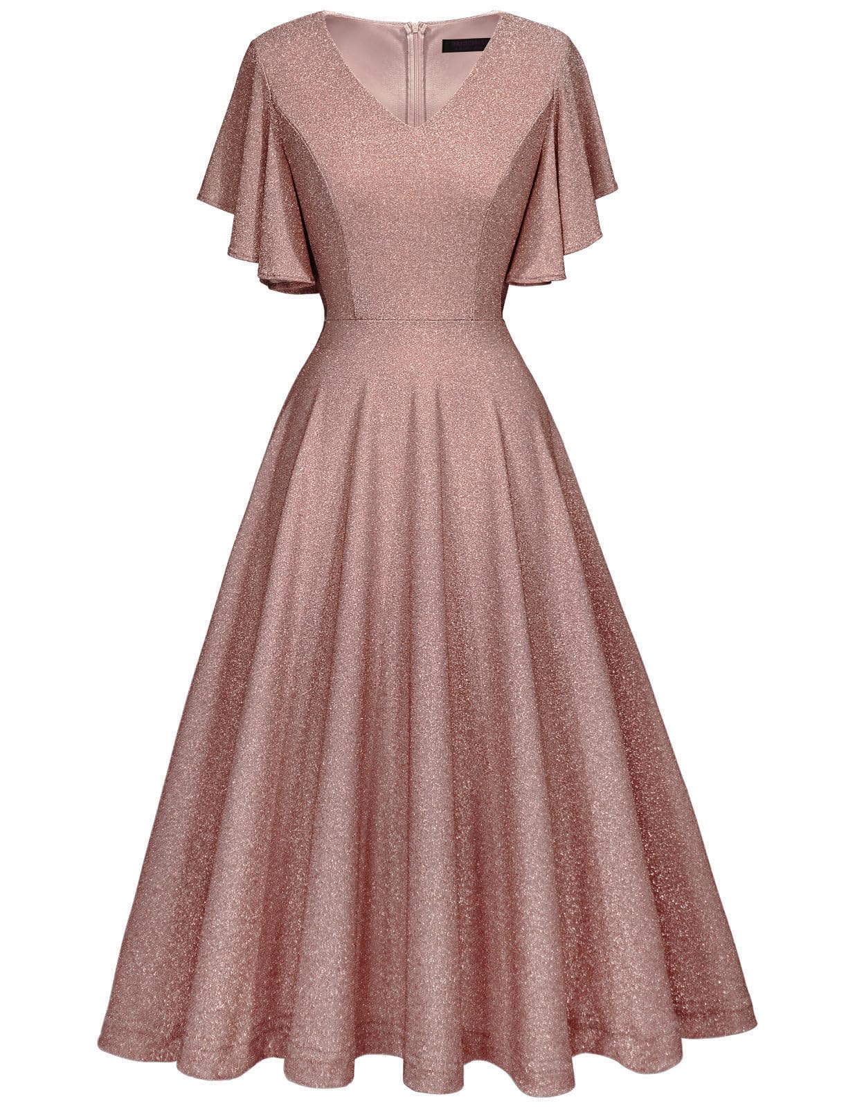 Sparkly Vintage Wedding Guest Cocktail Dress - Ruffle Sleeve Midi Semi-Formal Tea Dress for Bridesmaids & Special Occasions | Perfect for Weddings, Parties & Evening Events
