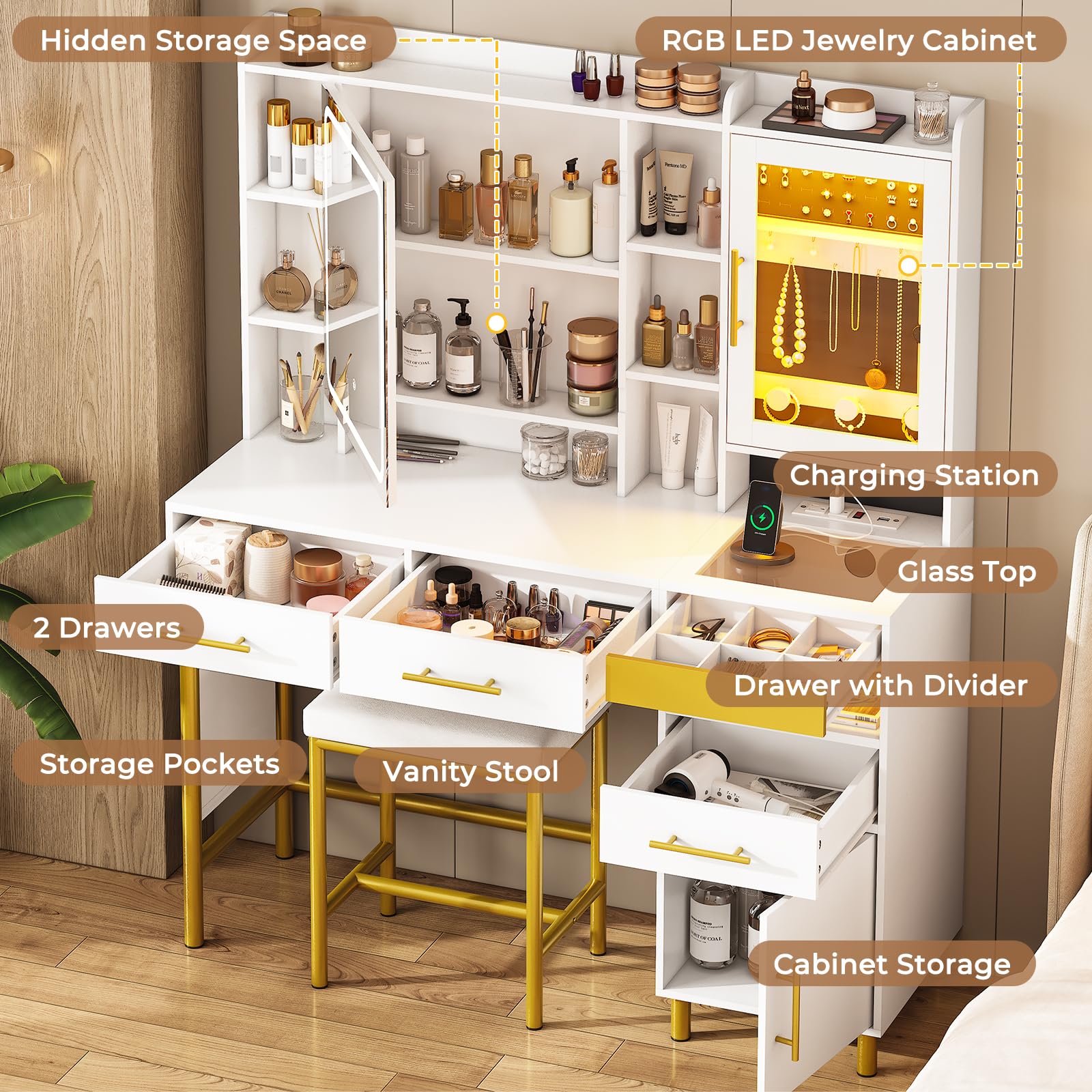 AOGLLATI White Makeup Vanity Desk with LED Lights, Mirror & Jewelry Storage - Vanity Table with Charging Station, Hidden & Open Shelves for Bedroom, Dressing Room & Beauty Salon