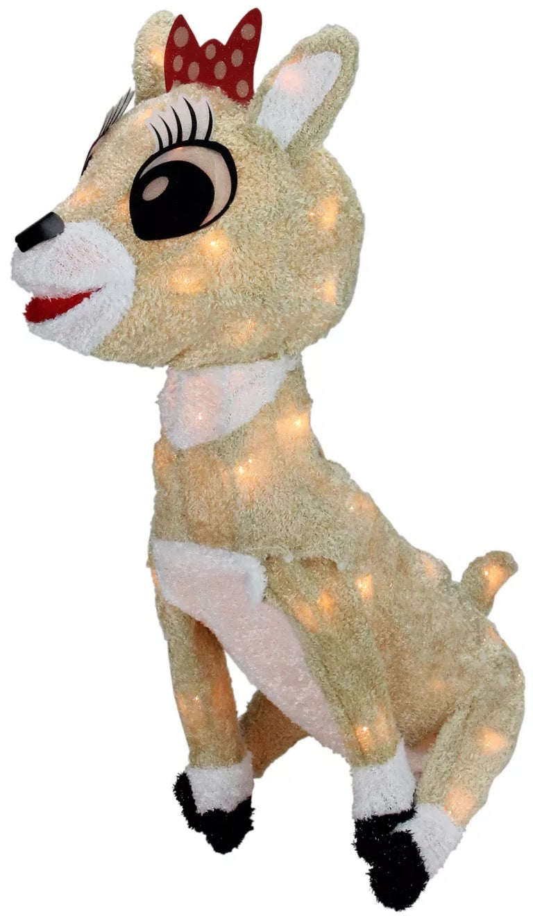 3D Lighted Soft Tinsel Clarice Reindeer with Bow Sculpture - Christmas Home Decor, Holiday Table Centerpiece, Festive Mantel Display
