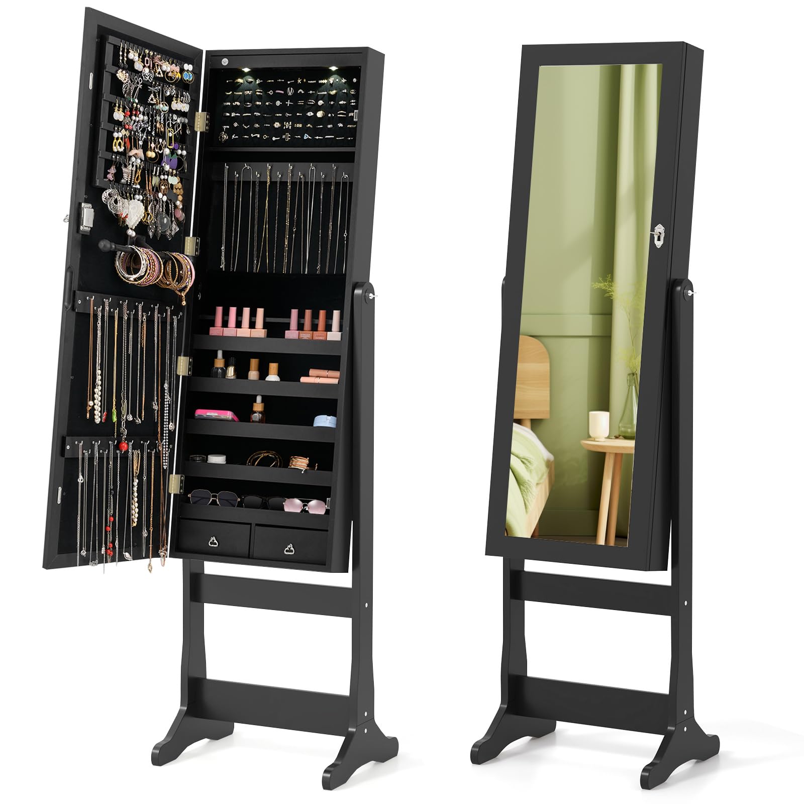 Giantex Standing Jewelry Armoire with Full Length Mirror - Lockable Jewelry Cabinet with LED Lights, 4 Adjustable Tilt Angles, Multiple Drawers & Storage Compartments - Perfect for Bedroom, Walk-in Closet or Dressing Room Organization (Black)
