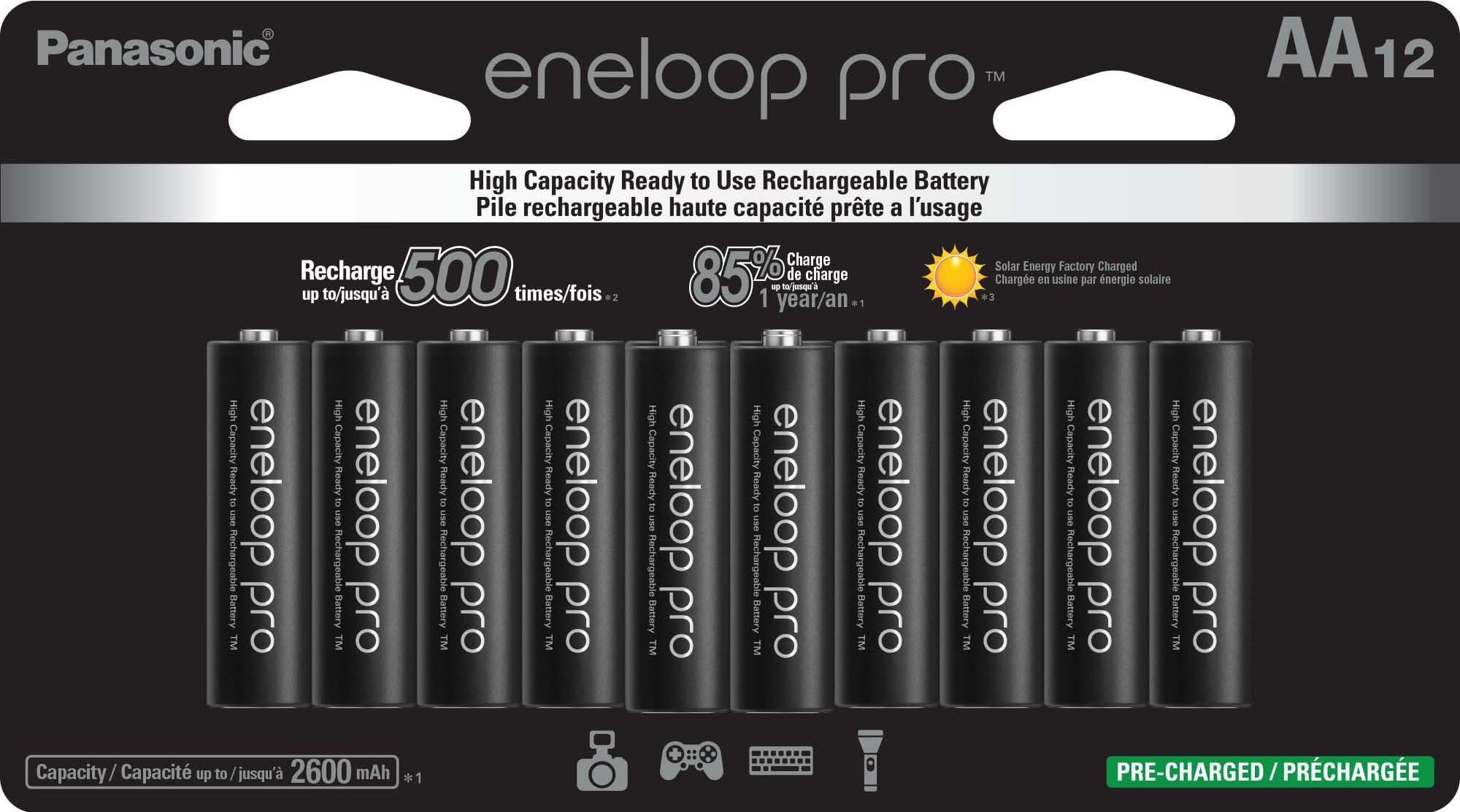 Panasonic eneloop Pro AA High Capacity Ni-MH Rechargeable Batteries (12 Pack) - 2500mAh Pre-Charged for Digital Cameras, Flashlights & Electronics - BK-3HCCA12FA