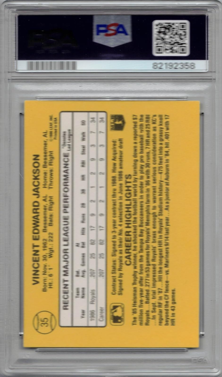 1987 Donruss Baseball Bo Jackson Rookie Card #35 - PSA 9 Mint Graded - Rated Rookie - Perfect for Sports Memorabilia Collectors & Baseball Fans