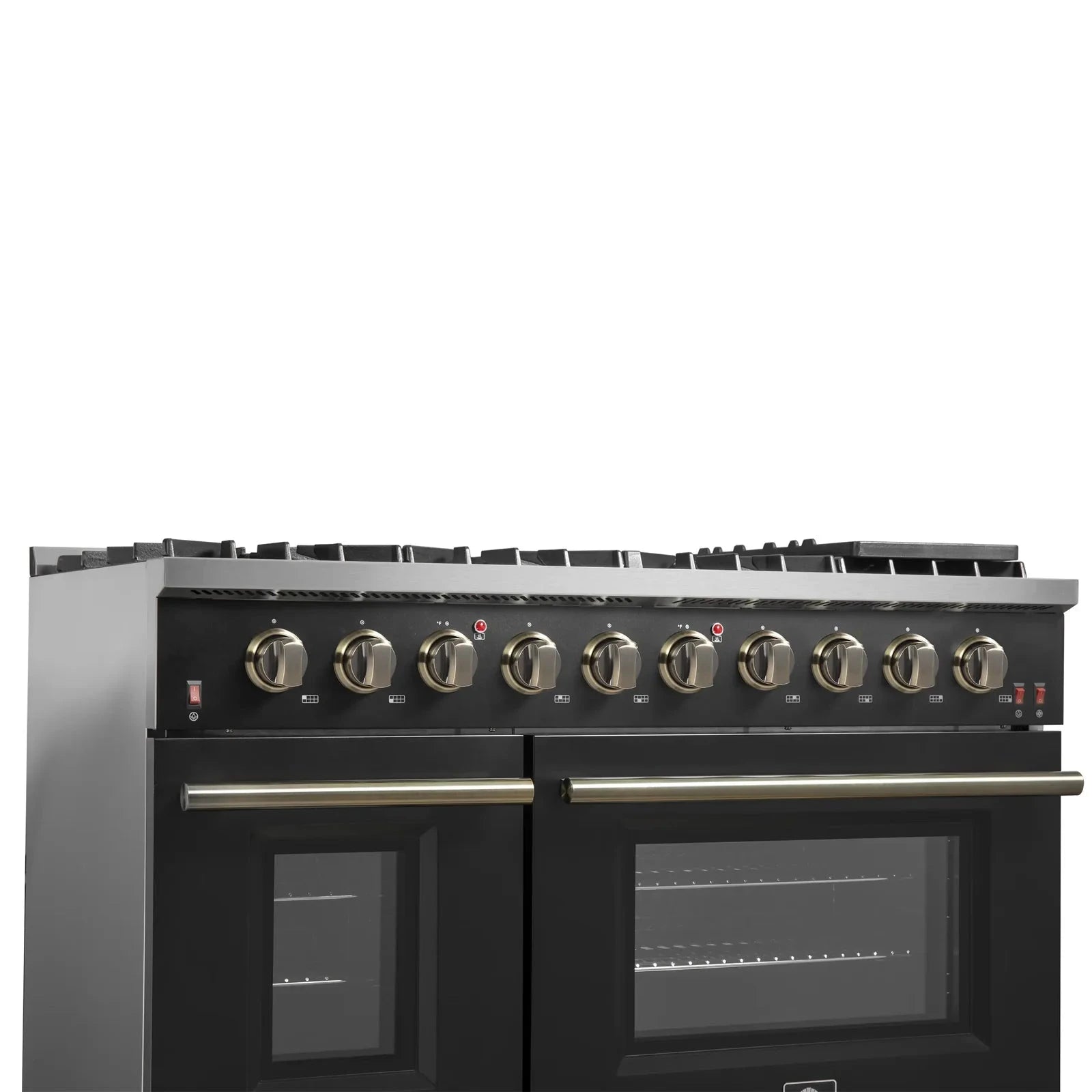 Forno Galiano 48-Inch French Door Freestanding All Gas Range - Black with Antique Brass Trim (Model FFSGS6444 48BLK) | Professional Kitchen Appliance for Home Chefs & Gourmet Cooking