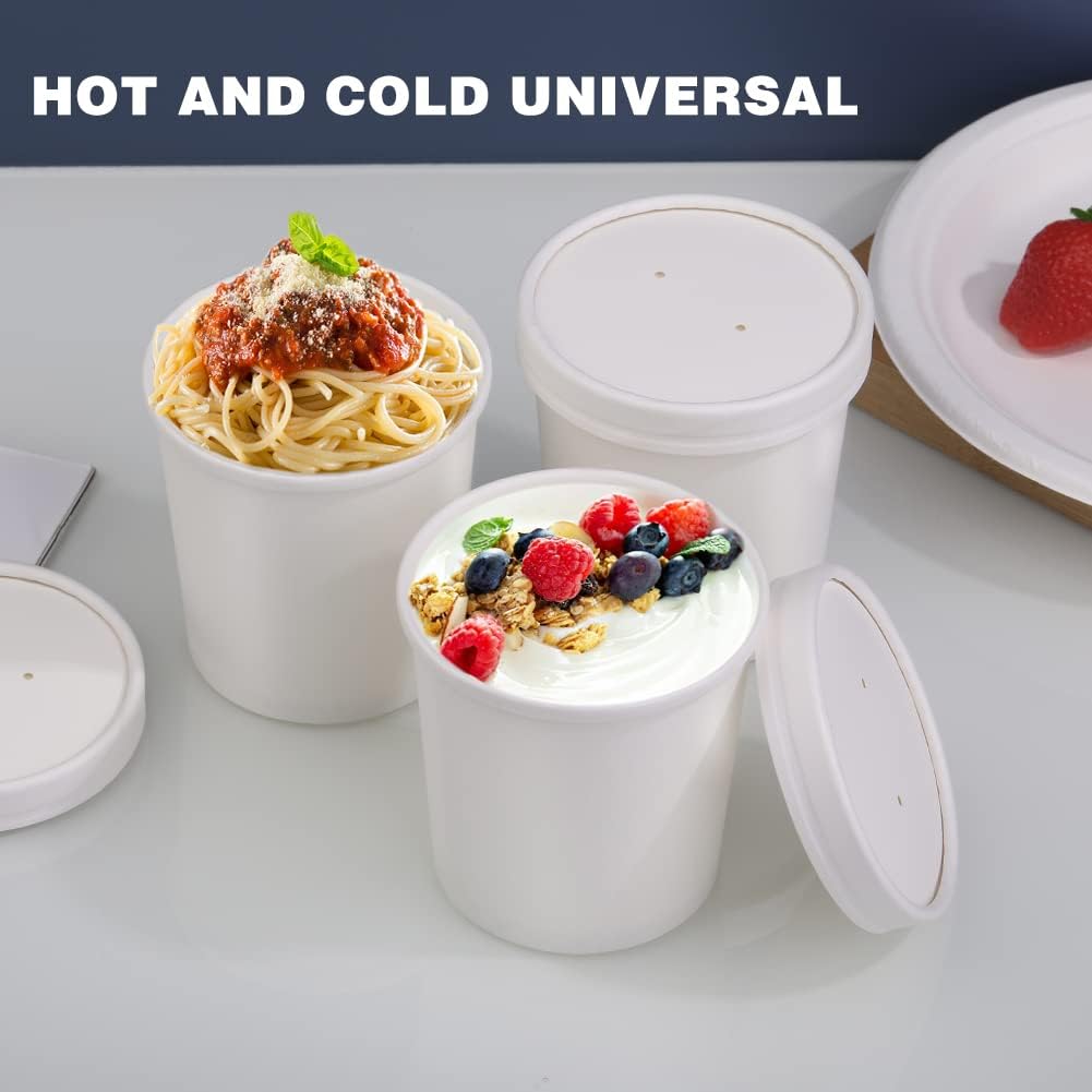 16 oz Disposable Paper Soup Cups - 50 Pack White Food Containers with Vented Lids for Hot Soups, Desserts & Ice Cream | Perfect for Takeout, Catering & Party Serving
