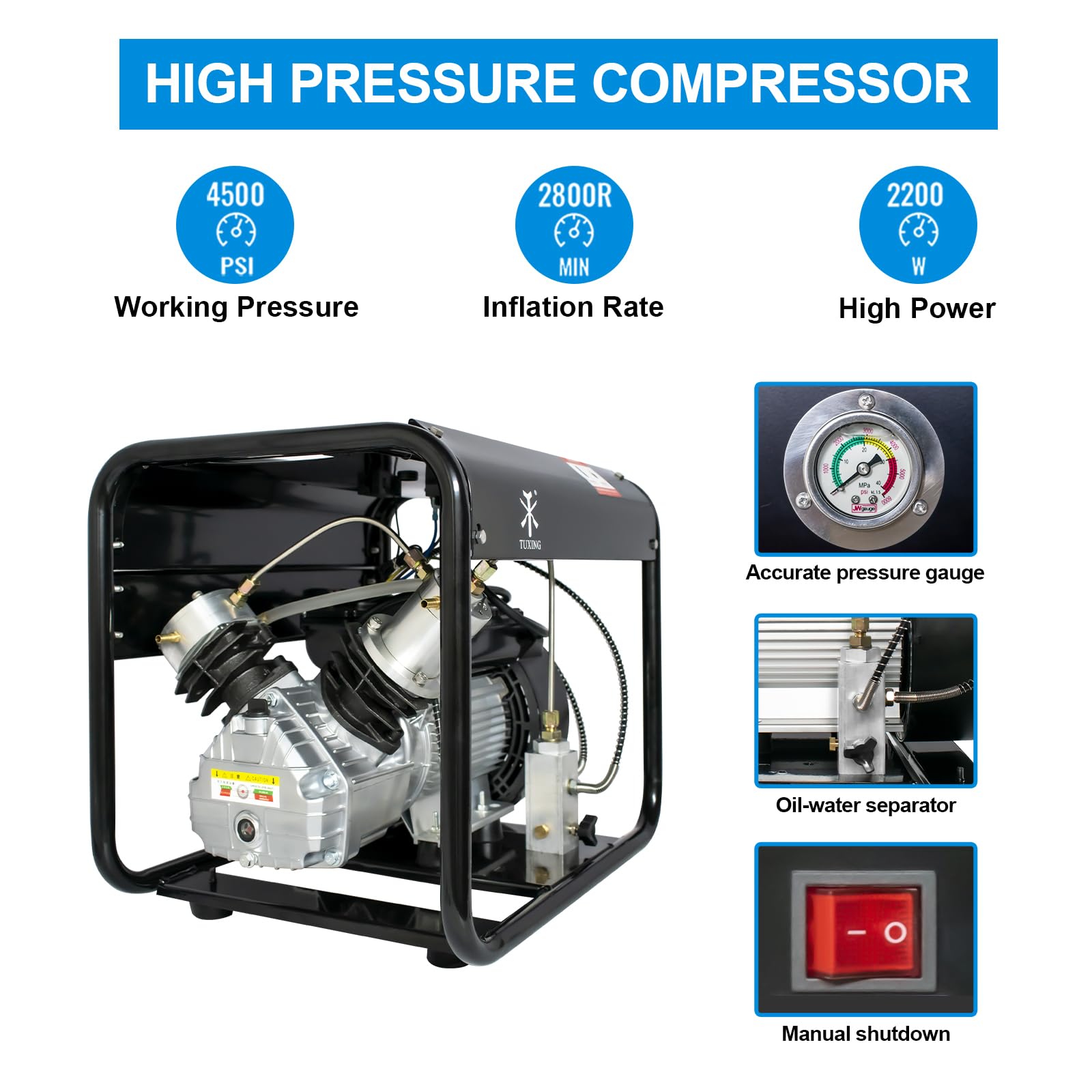 TUXING 4500Psi PCP Air Compressor, High Pressure Double Cylinder Scuba Compressor with Manual Stop - 110V 30Mpa Air Pump for PCP Rifles, Paintball Guns & 6.8L Scuba Tanks (TXED011) - Perfect for Outdoor Shooting, Diving & Paintball Sports