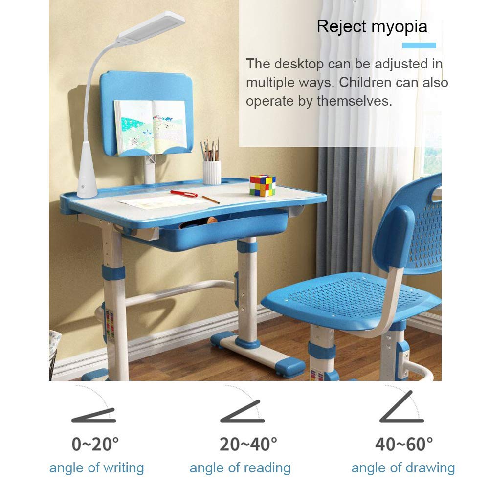 LVYUAN Adjustable Kids Study Desk and Chair Set with Tiltable Desktop, 3-Level LED Light - Ergonomic Children's Learning Table for Bedroom, Homeschool & Classroom (Blue) - Perfect for Homework, Drawing & Online Learning
