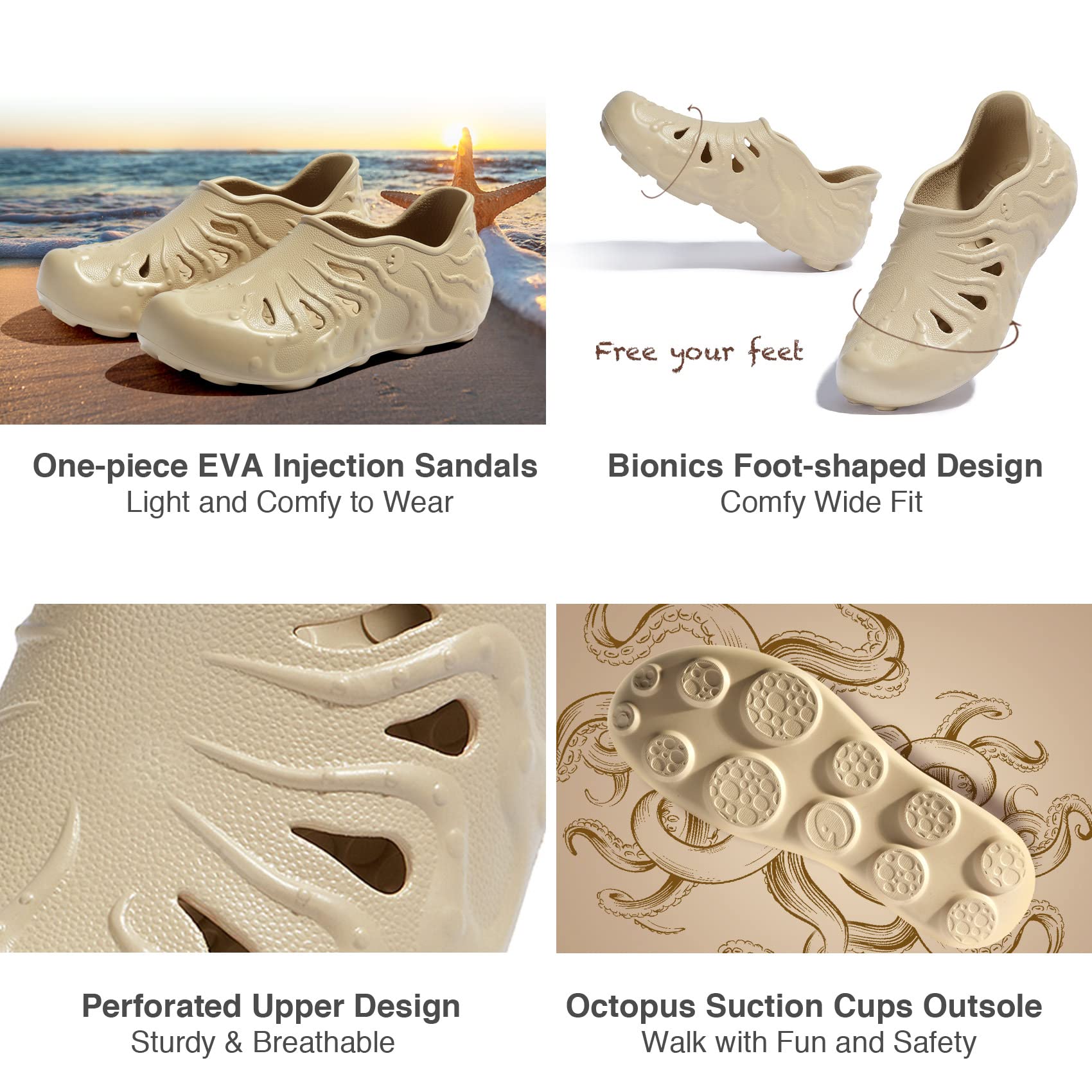 UIN Men's Clog Garden Shoes - Slip On Beach Outdoor Slippers & Sandals with Octopus Design - Perfect for Gardening, Beach Walks, and Casual Wear